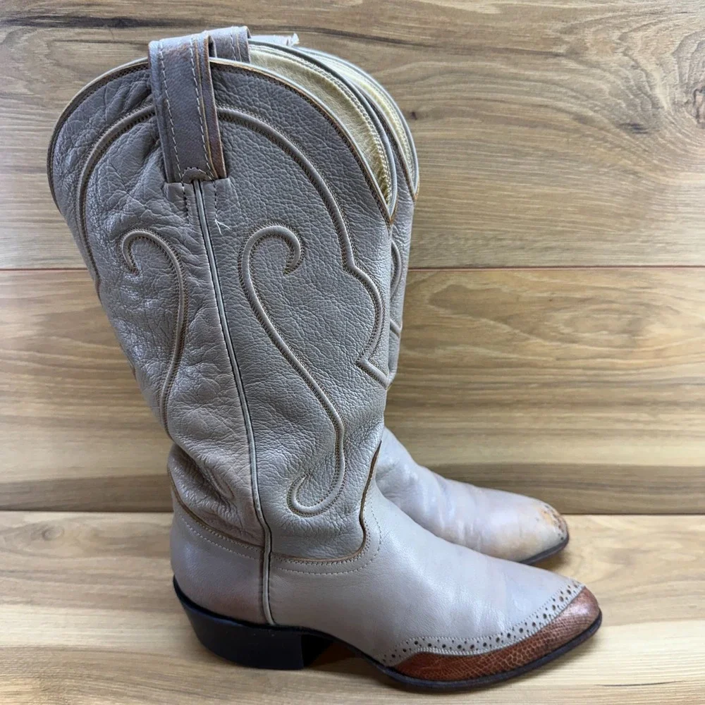 HONDO BOOTS Vintage Boots Womens 6.5 B Grey Greige Toe Overlay Rand Lizard
